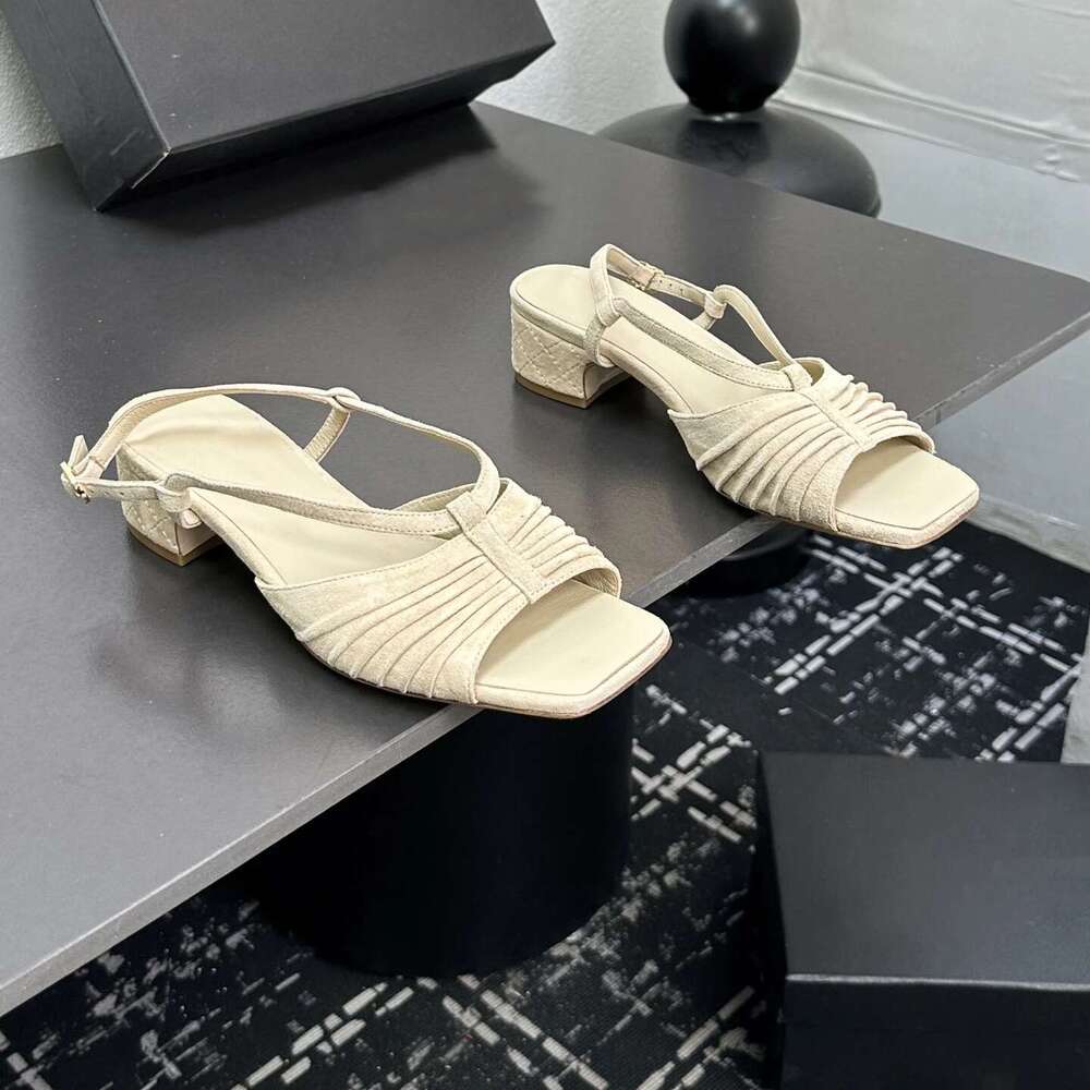 New Women Size35-41 Natural Kid Suede Sandals Med Heels Pumps Slingbacks Sewing Pleated Designer Shoes Zapatillas De Mujer