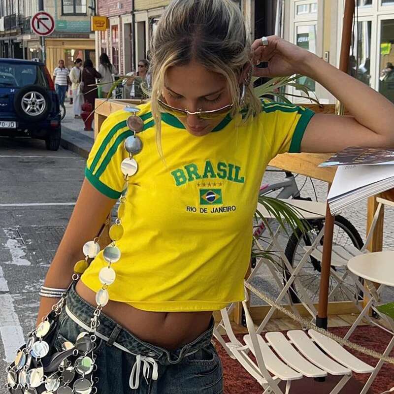 Letter Graphics Print Goth Yellow Skinny Cropped Tees Women Sexy Streetwear 2000S Haruku New Woman Clothing T-Shirt B5 11