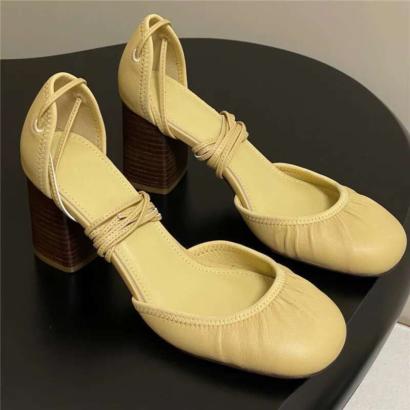 Womens Spring Autumn Fashion Leather Pump Shoes Designer Ankle Strappy Sandal Elegant Mid Block Heel Flat Closed Round Toe