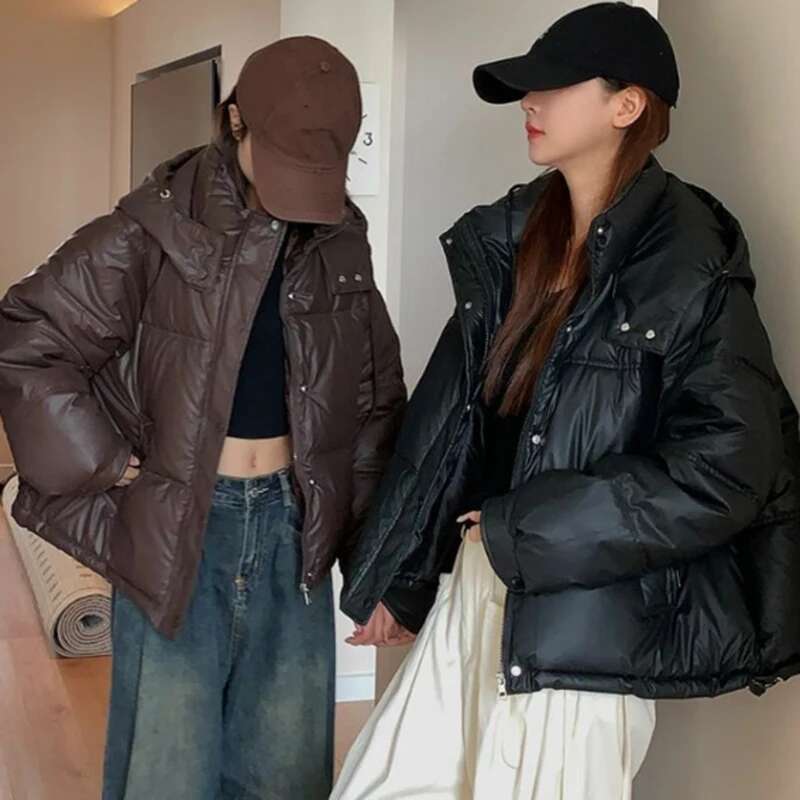Rimocy American Vintage Brown Short Jacket Fashion Warm Long Sleeve Parkas Woman New Autumn Winter Hooded Puff Coats