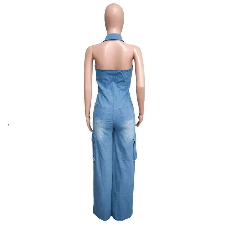 Fashion Lapel Sleeveless Backless Denim Jumpsuit Women Straight Jeans Rompers Female Slim Fit One-piece Pants Casual Streetwear