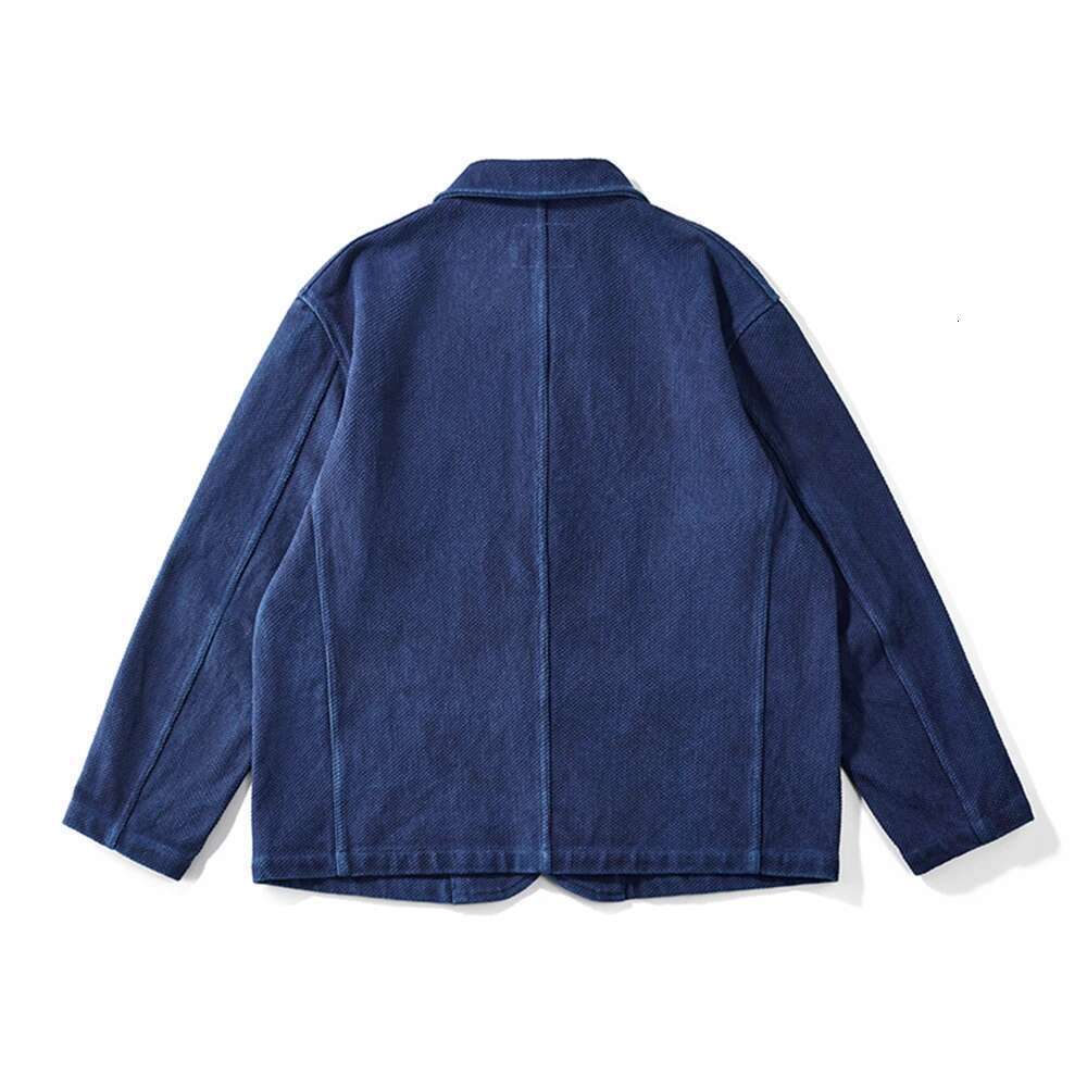 Heavy Weight Indigo Men Autumn Winter Vintage Workwear Tooling Jacket Blue Dyed Kendo Fabric Multi-pocket Cardgian Coat