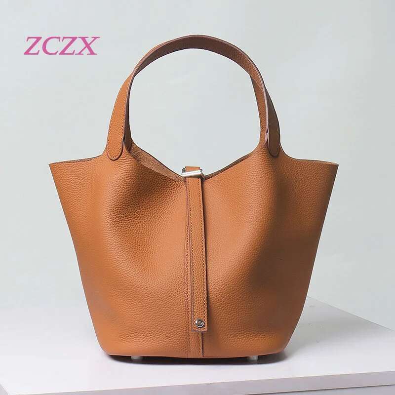 New cowhide women's basket bucket genuine leather handbag long strap single shoulder crossbody bag