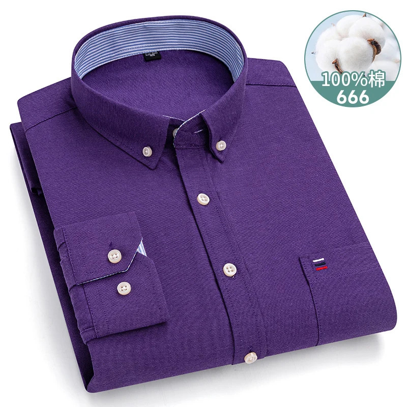 7XL-6XL-5XL Mens Long Sleeve Shirt 100% Oxford Cotton Soft Comfortable Classic Stripe Grid Solid Color Purple Casual Party Top 250509