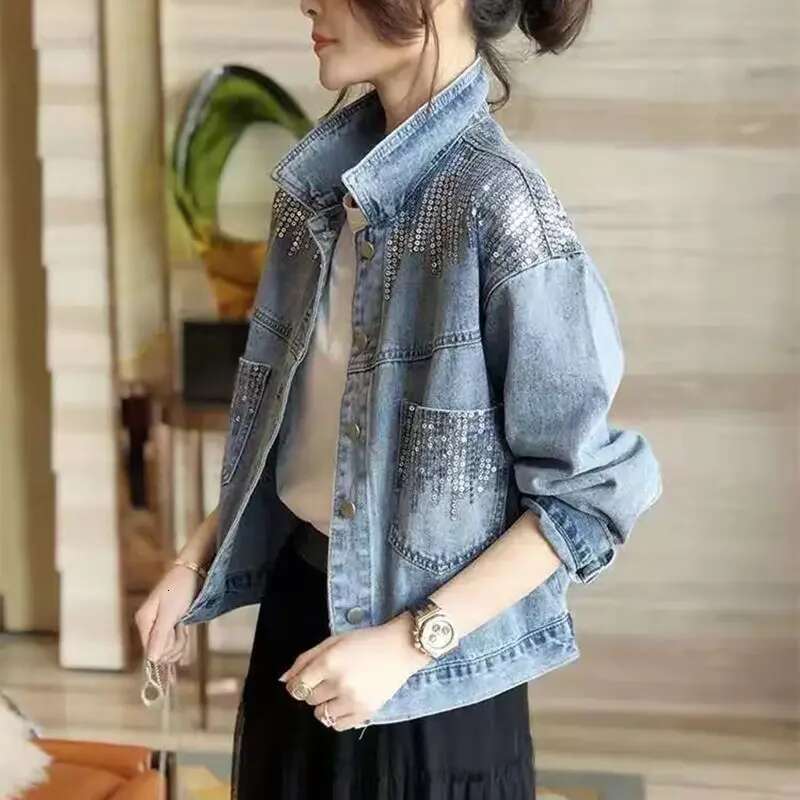 Denim Female Ins Short Early Coat Sequins Loose Korean Version of Joker Autumn New Style