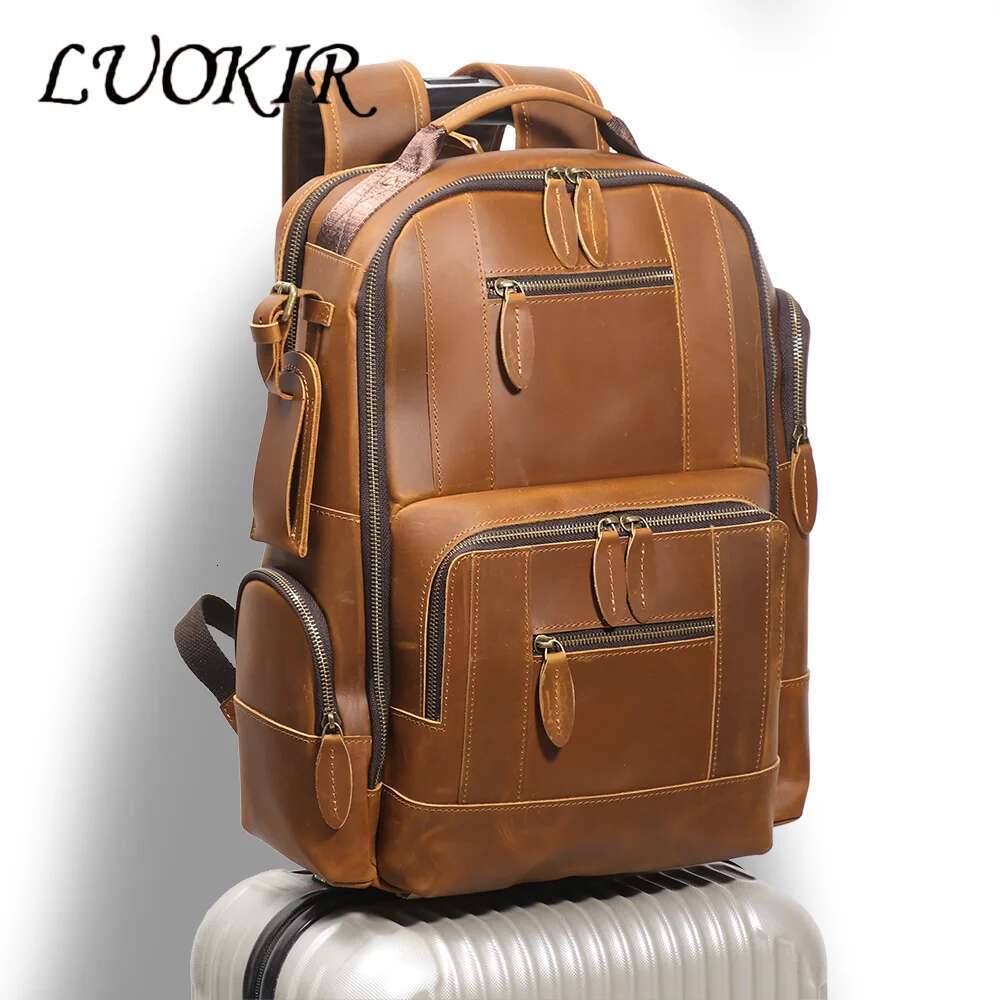 LUOKIR New Genuine Large Capacity Multifunctional Crazy Horse Leather Backpack Travel Business Laptop Bag