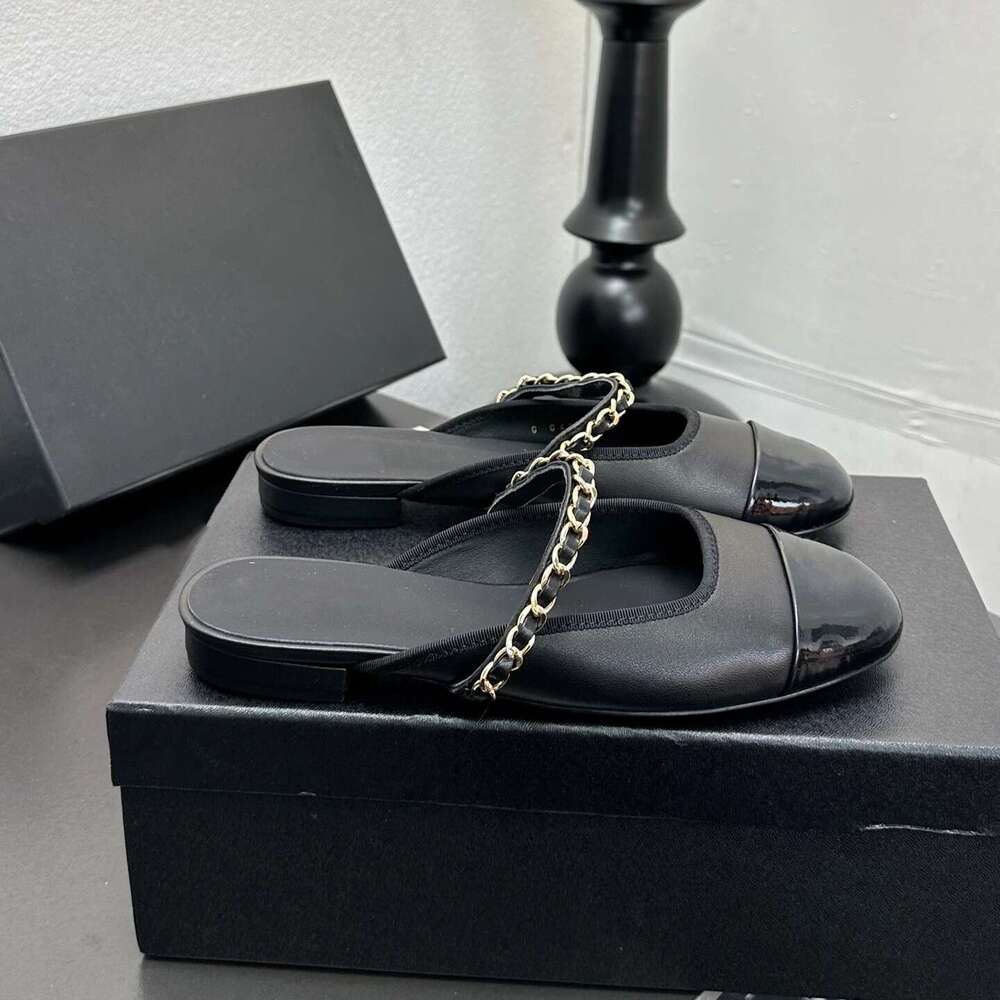 Women Size35-41 Genuine Leather Mules Low Heels Chain Slippers Round Toe Summer Slides Designer Shoes Zapatillas De Mujer