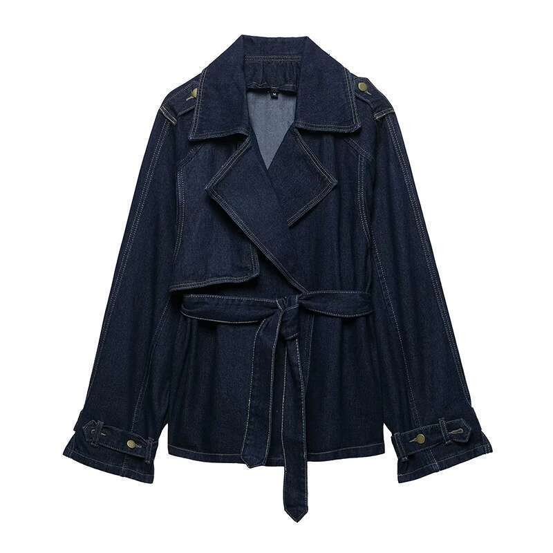 Willshela Women Fashion With Belt Denim Blue Hidden Breasted Jackets Vintage Lapel Neck Long Sleeves Female Chic Lady Outfits