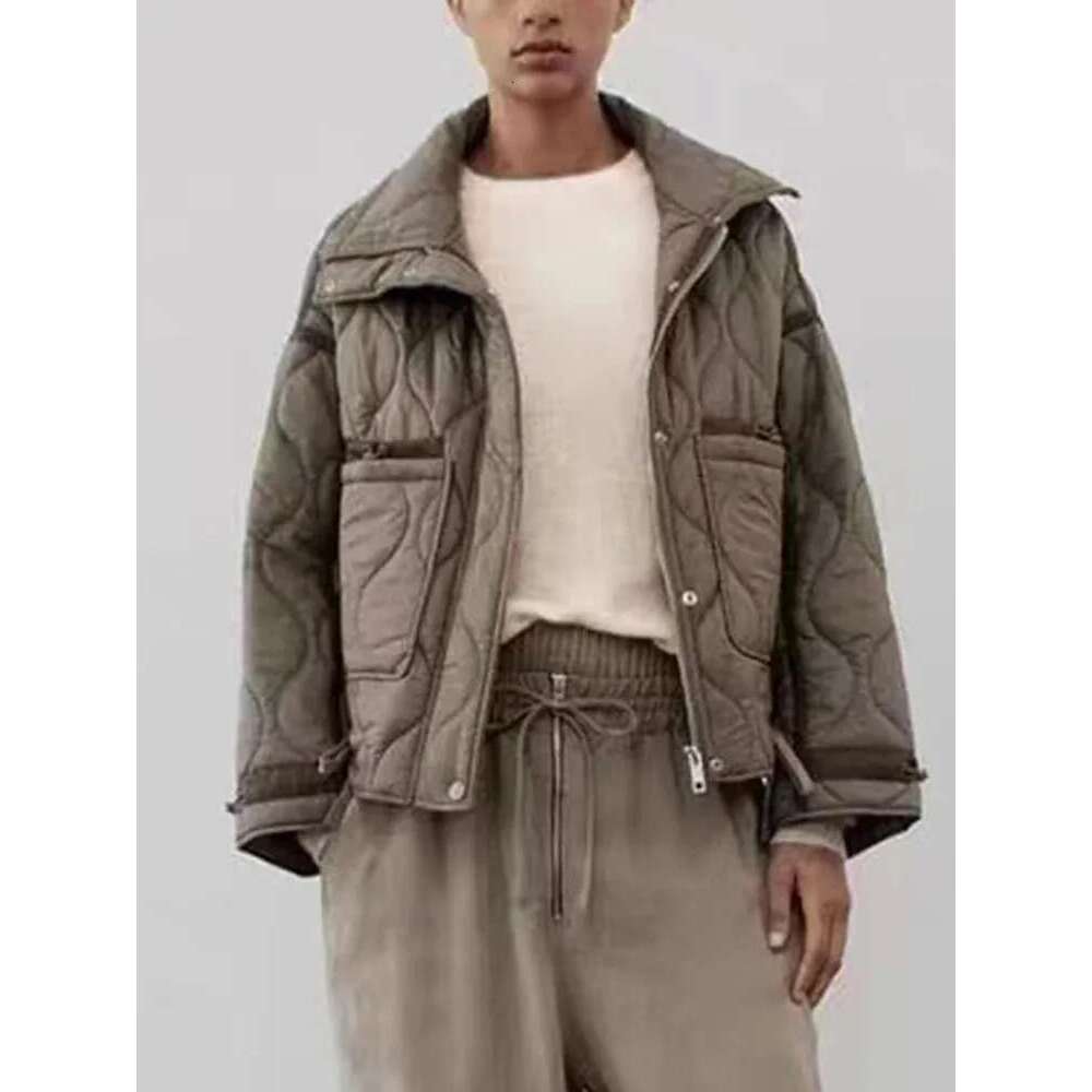 TRAF Women's New Fashion Warm Cotton Fall And Winter Standing Collar Long Sleeve Front Zipper With Buttons Vintage Jacket