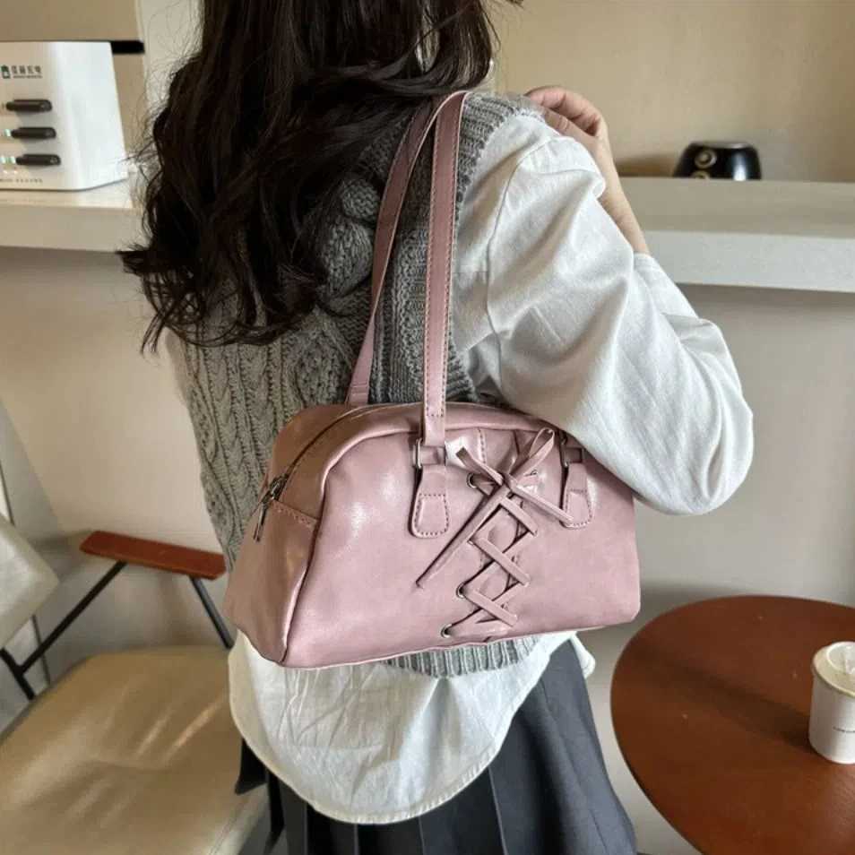 French Style Bow Ribbons Bowling Bag Elegant PU Leather Boston Shoulder Bag Large Capacity Casual Women Handbags Underarm BagW250512