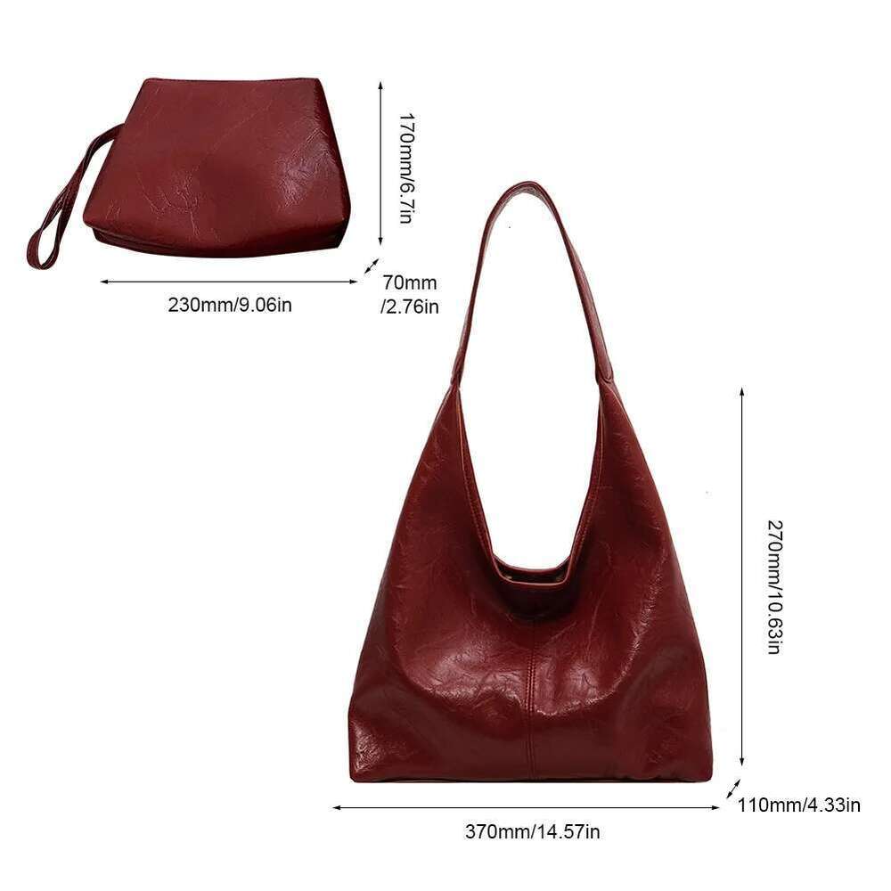 2Pcs/Set Women's Leather Shoulder Fashion Wine Red Underarm Bags Casual Hobo Bag Ladies Capacity Retro Designer Tote Handbag