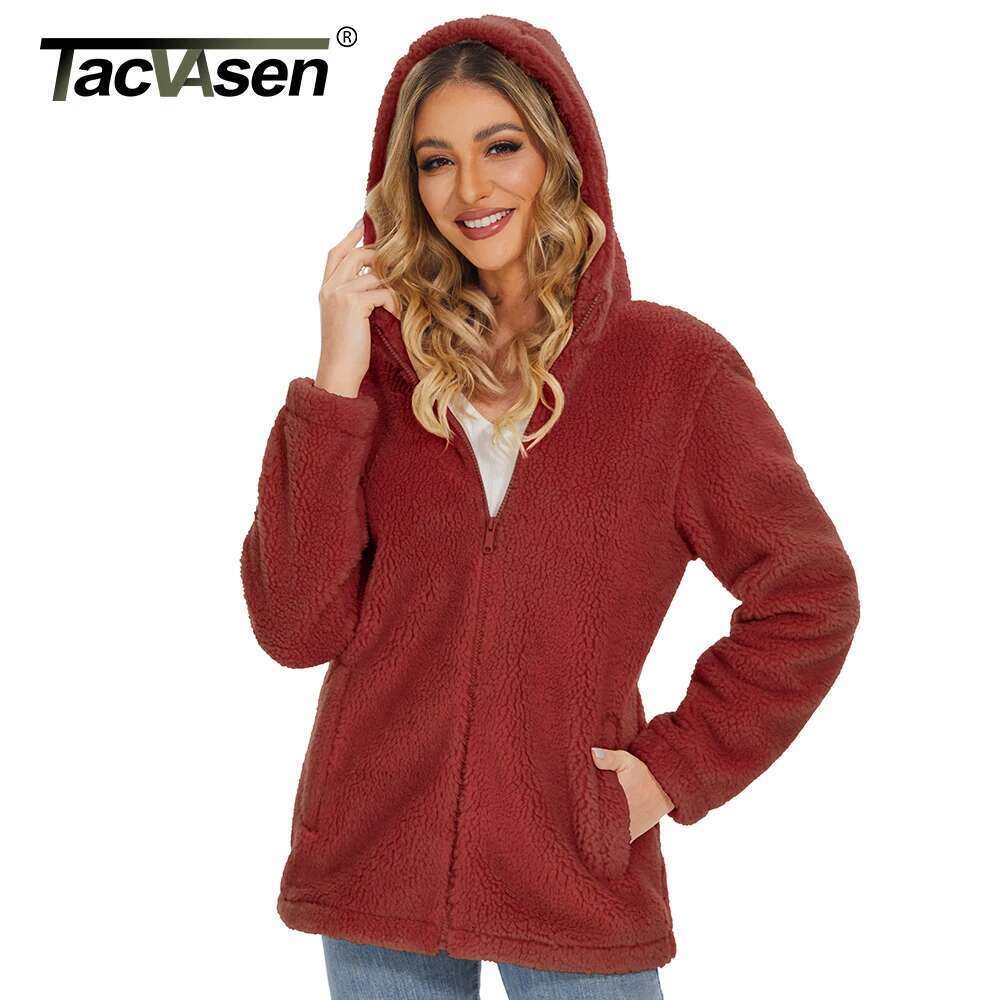 TACVASEN Causal Hooded Female Coats Women's Fleece Jackets Soft Heavy Fuzzy Sherpa Hoodies Outwear Warm Fluffy Overcoat Tops