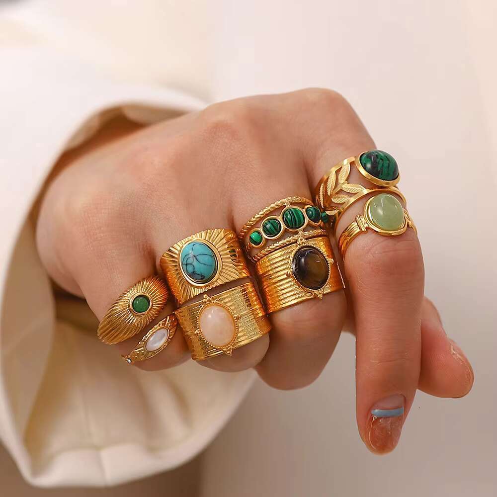 18K Gold-Plated Stainless Steel Jewelry Ins Style Open Natural Stones Rings for Lady Irregular Chunky Geometric Couples Set Ring