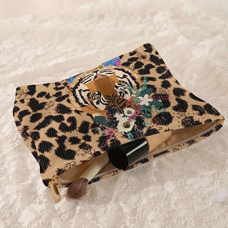Fashionable Tiger Leopard Print Corduroy Makeup Zipper, Lightweight Multifunctional Cosmetic Storage Bag With Lining