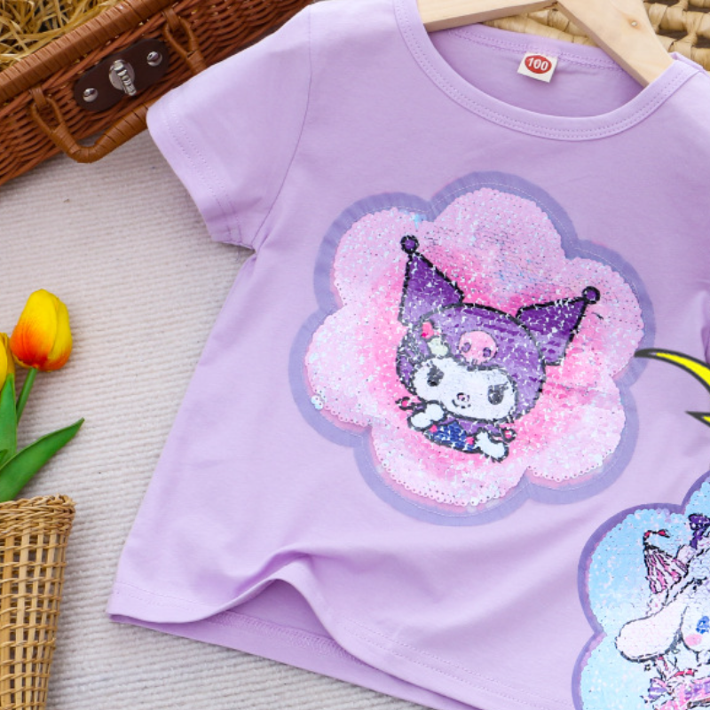 DISNEY Frozen Princess Elsa toddler designer clothes Children's summer clothes girl short-sleeved T-shirt girl color-changing sequin top.