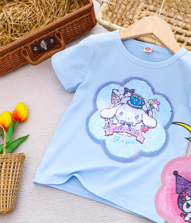 DISNEY Frozen Princess Elsa kids designer clothes Girls' T-shirt children's summer short-sleeved color-changing sequin T-shirt Kuromi.