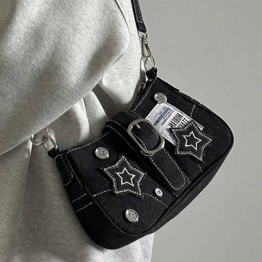 Women Cool Style Tote Purse Large Capacity Y2K Star Denim Underarm Bag Vintage Armpit Bag Solid Color Simple Commuting BagXJ250512