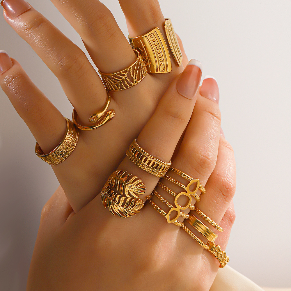 Popular Instagram Style Stainless Steel Leaf Female Personality Hip Hop Gold Plated Geometric Open Ring