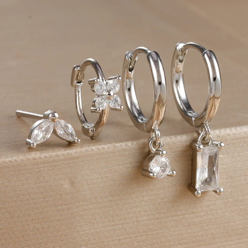 4PCS Flower Square Earrings Set for Women Girl Zircon Stainless Steel Cartilage Piercing Hoop Earring Statement Jewelry 250512