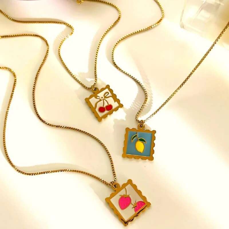 Minar Vintage Enameled Cherry, Lemon and Strawberry Pendant for Women, 316L Stainless Steel Necklace with Gold Plating