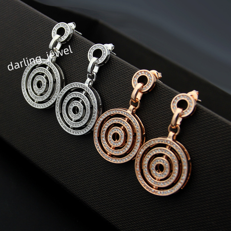 Europe America Style Lady Women Titanium Steel Tassels Engraved B Initials 3 Circle Full Diamond Stud Earrings 2 Color