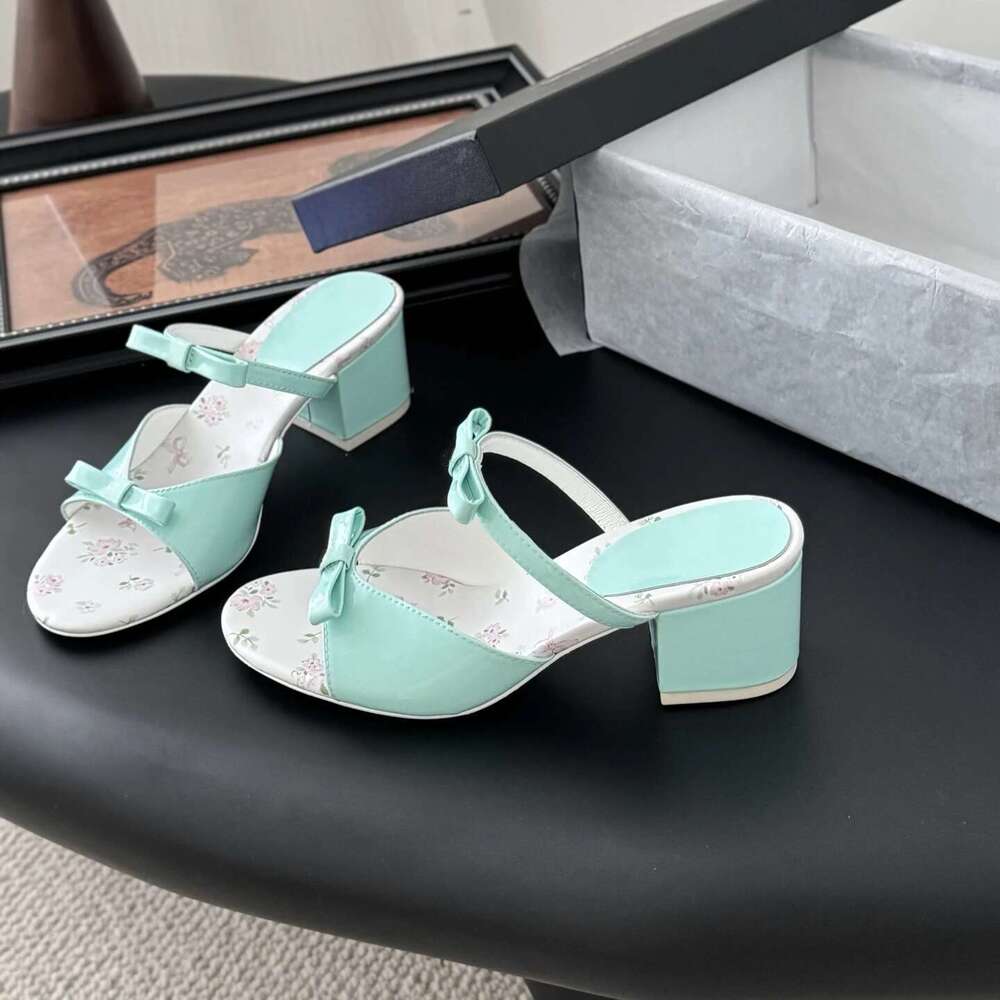 Women Size35-41 Genuine Leather Slippers Med Heels Butterfly Knot Summer Slides Prints Designer Shoes Zapatillas De Mujer