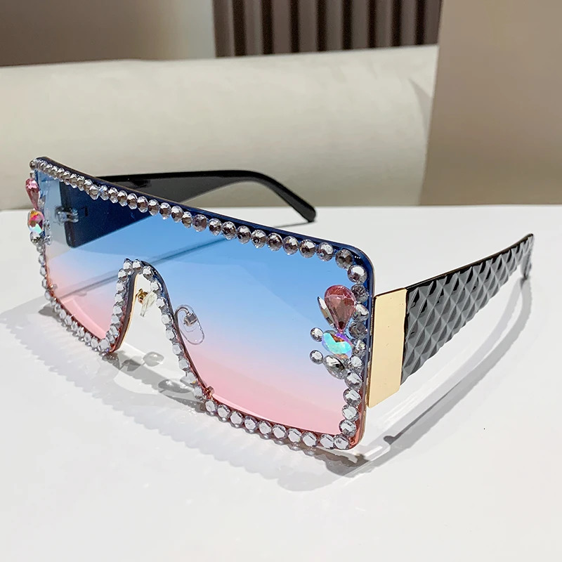 2025 Large Frame Diamond-set Sunglasses Womens Anti-ultraviolet Glasses One-piece Sunglasses Rhinestone Glasses 90165-1 250509