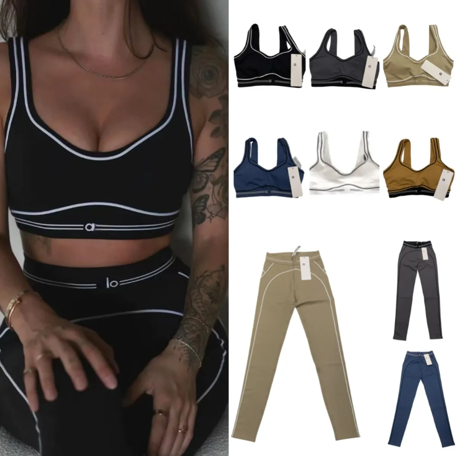 high quality New Yoga Set Sports Bra+Leggings High White Striped Low Back Dance Yoga Alosetiness Alosetsize Suit sets Suits Outfits Summer Womens sets