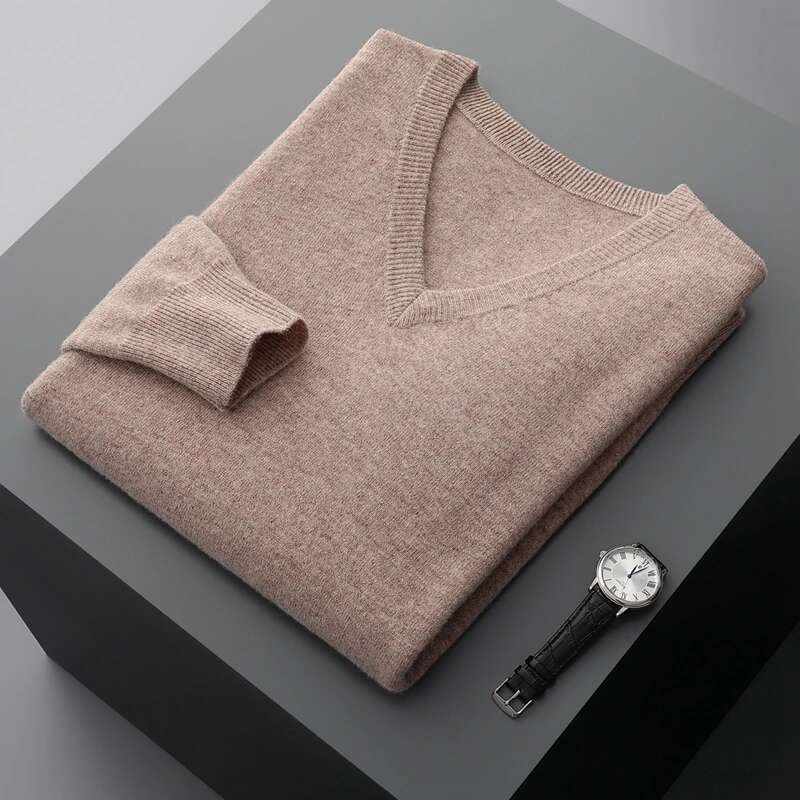Autumn And Winter New Men's V-Neck Cashmere Loose Thickened Solid Color Wool Knitted Bottoming Shirt Business Casual Sweater-250512