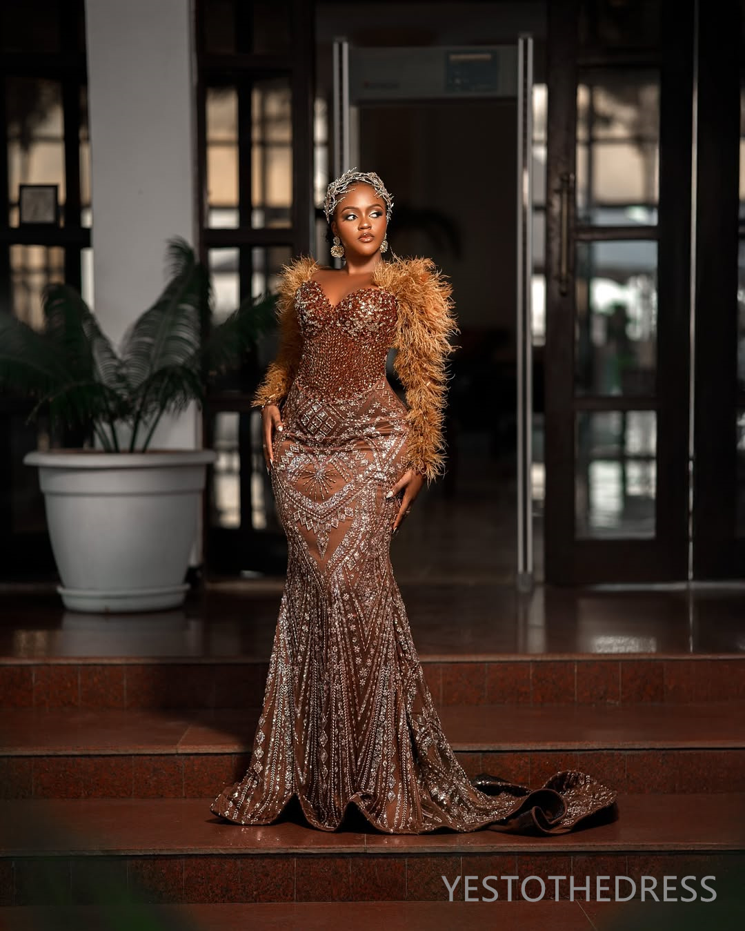 2025 Plus Size Brown Aso Ebi Prom Dress Mermaid Prom Dresses Evening Formal Gowns Long Sleeves Feather Beaded Lace Birthday Dress Second Reception Gow