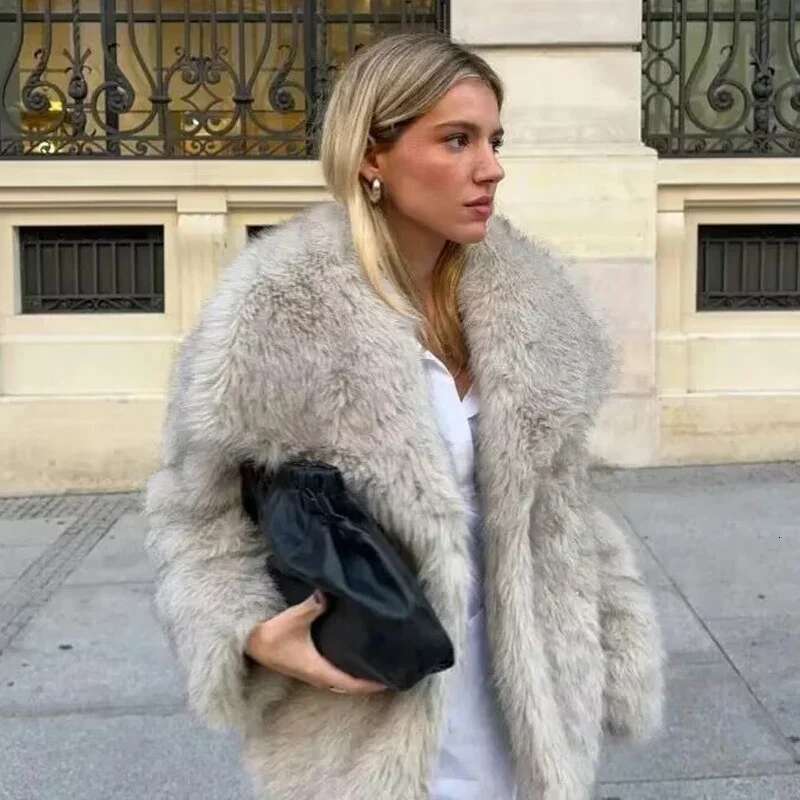 TRAF Womens Winter Cropped Faux Fur Coat Women Autumn Long Sleeve Fluffy Black Jacket Outerwears Warm Plush Short Coats