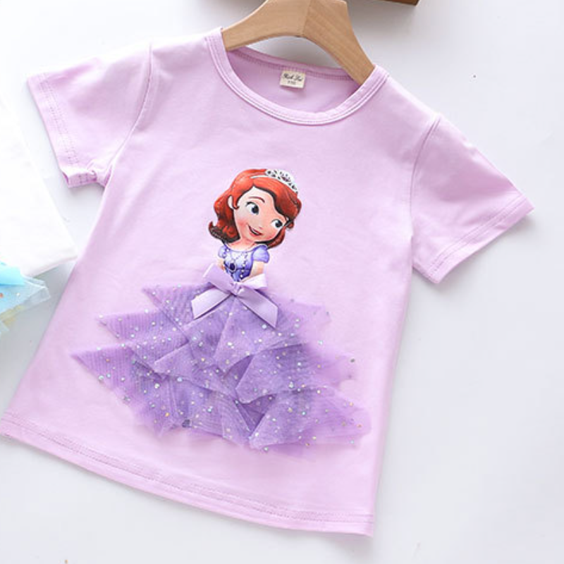 DISNEY Frozen Princess Elsa kids designer clothes Girl short-sleeved T-shirt summer three-dimensional princess for small children half-sleeve comforta