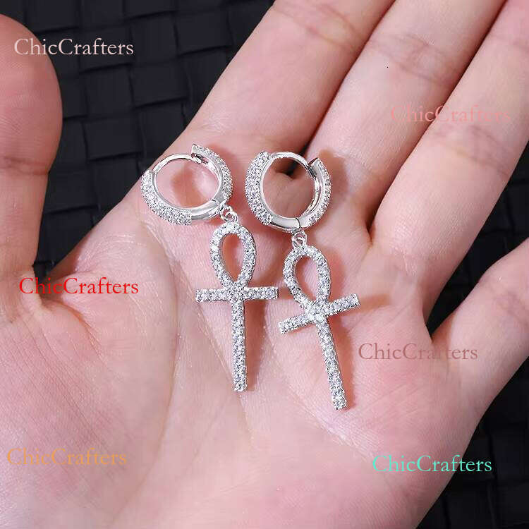 Fashion Cross Hoop S Sier 14k Yellow Gold Plated White Moissanite Dia Gem Drop Earrings for Woman Man