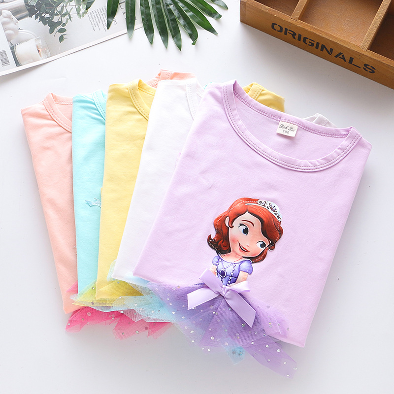 DISNEY Frozen Princess Elsa kids designer clothes Girl short-sleeved T-shirt summer three-dimensional princess for small children half-sleeve comforta