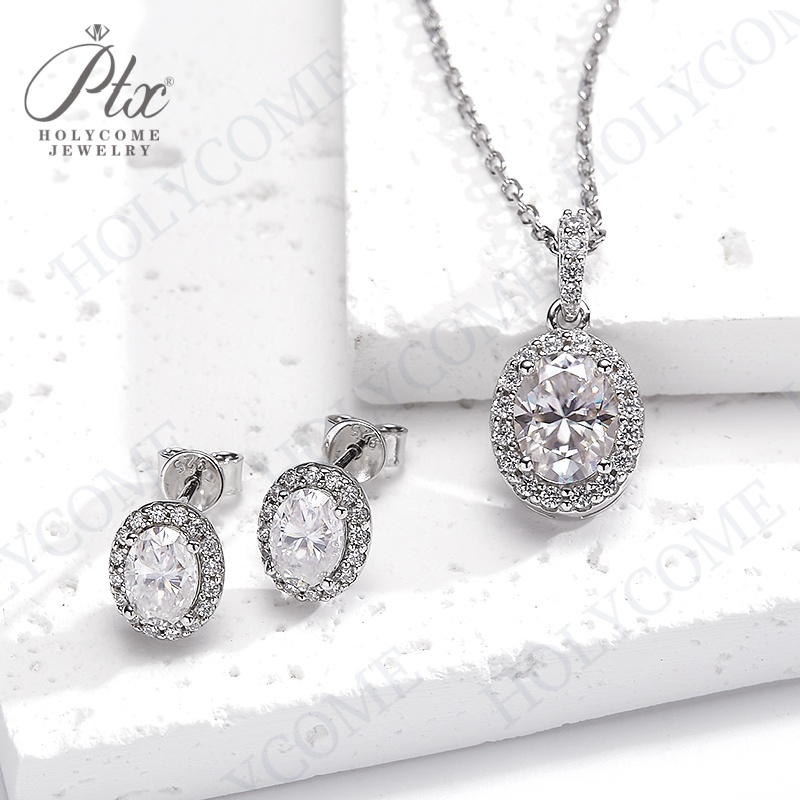 Oval Shaped Halo Moissanite Stud Earrings Pendant Necklace Set 1 Carat White Gold Finish 925 Sterling Silver for Bridal Jewellery