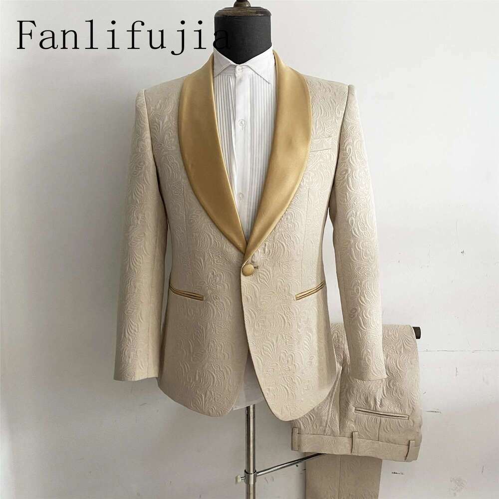 Fanlifujia Mens Wedding 2024 Italian Design Custom Made Champagne Smoking Tuxedo Jacket 2 Piece Groom Terno Suits For Men