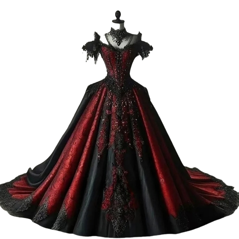 Gothic Black And Dark Red Wedding Dresses Appliques Beaded Off Shoulder Vintage Bridal Gown Court Train Medieval Corset Vestido De Novia 2025