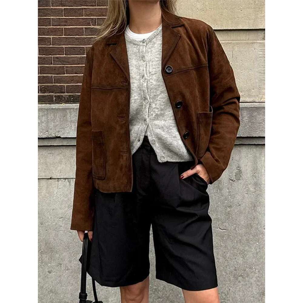 ZBZA Women Retro Suede Leather Jacket Coat Casual Suit Collar Single-breasted Long-sleeved Cropped Overcoat Fall Winter Chic Top