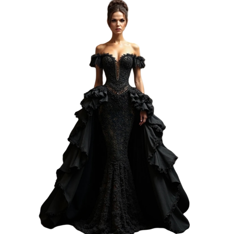 Vintage Black Lace Prom Dresses With Detachable Overskirt Off Shoulder Long Gothic Evening Gowns Sweetheart Corset Mermaid Special Occasion Dress