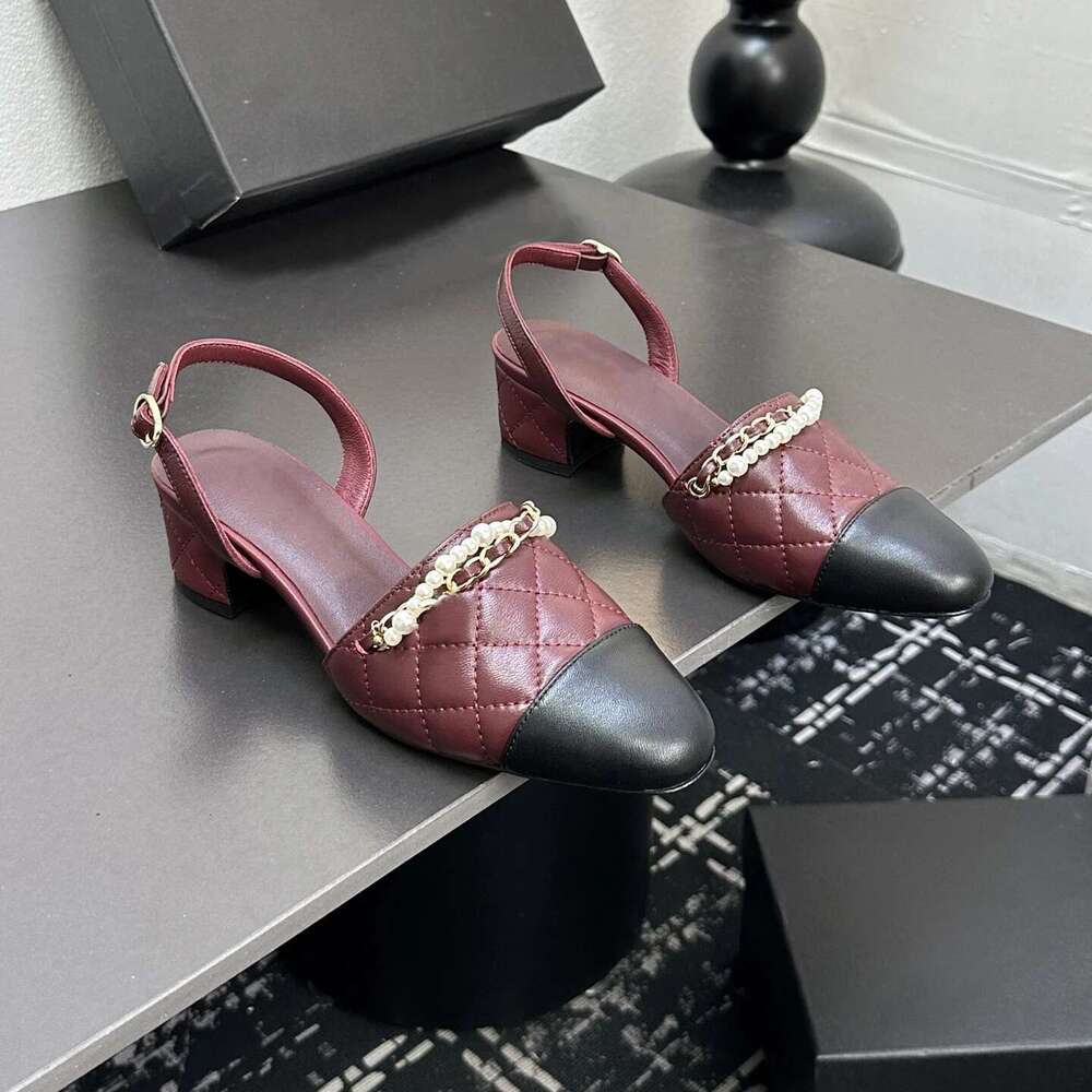 Women Size35-41 Genuine Leather Pumps Slingbacks Med Heels Pearl Chain Sandals Sewing Designer Shoes Zapatillas De Mujer