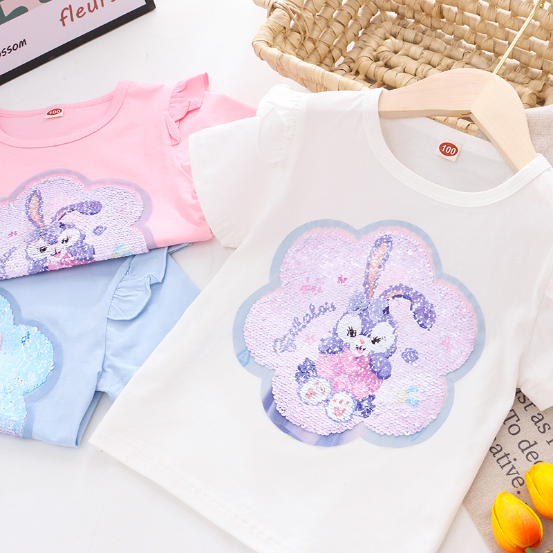 DISNEY Frozen Princess Elsa toddler designer clothes Children's summer clothes girl short-sleeved T-shirt girl color-changing sequin top.
