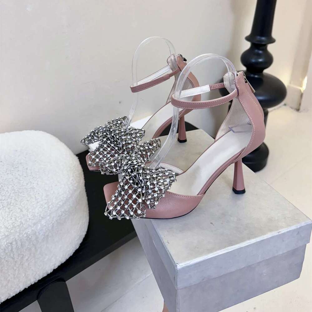 Women Size34-41 Genuine Leather Sandals Super High Heels Butterfly Knot Crystal Pumps Designer Shoes Zapatillas De Mujer