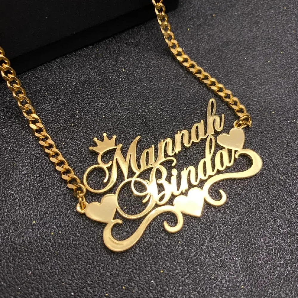 Custom Name Necklace With Heart And Crown Personalized Stainless Steel Gold Nameplate Cuban Chain Necklace Women Gift 250512