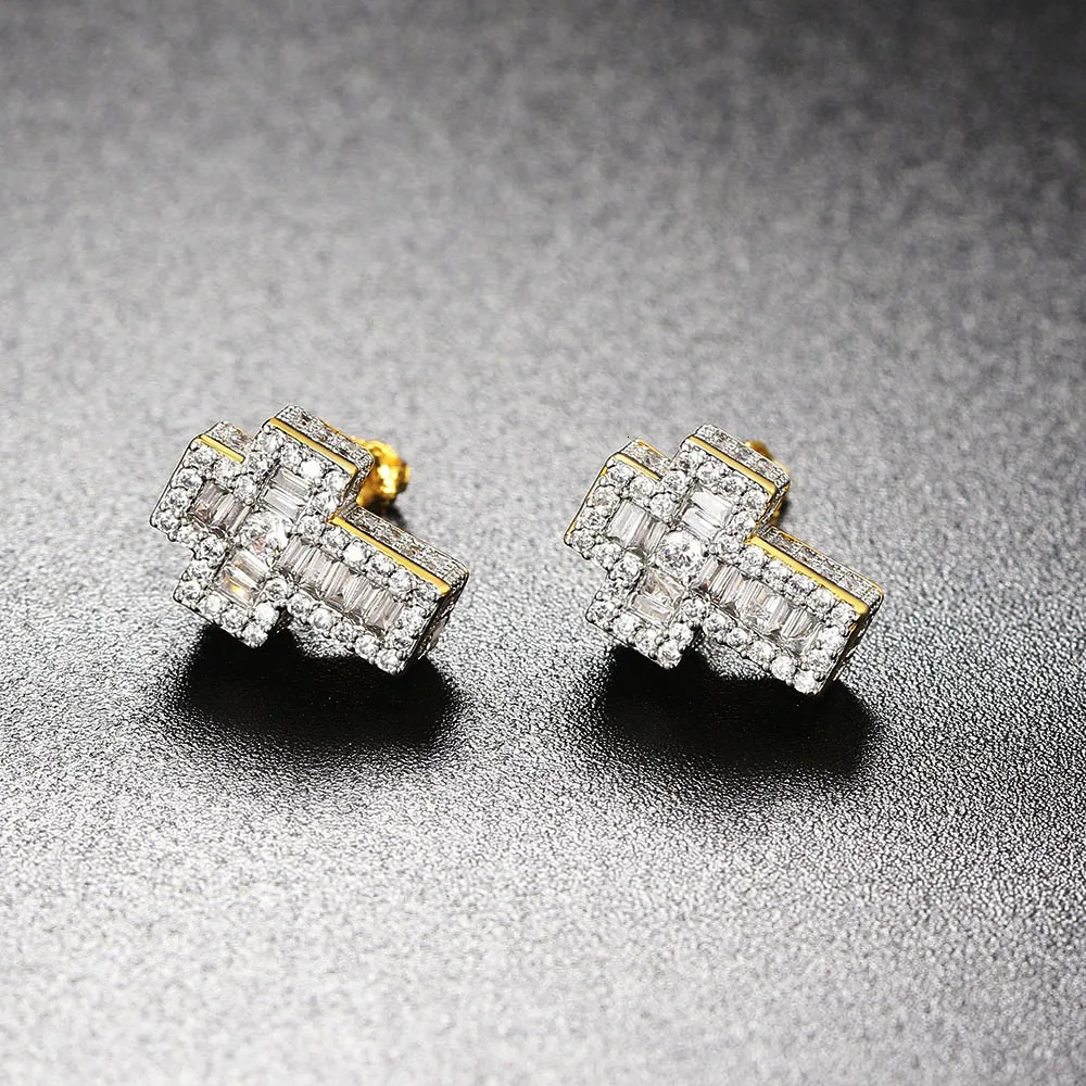 Punk Cross Earrings for Men Iced Out Zirconia Hiphop Stud Earring Gold Color Womens Accessories Fashion Jewellery OHE129 250512
