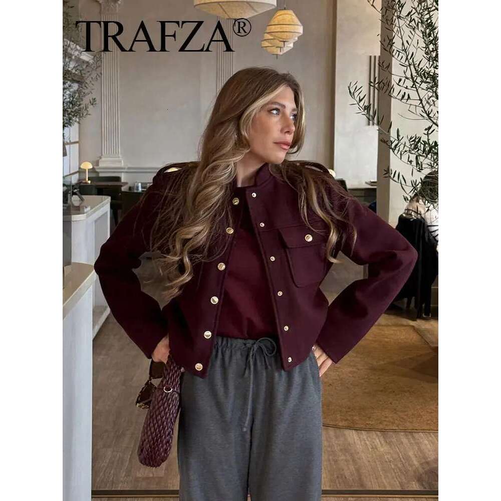 TRAFZA Women Vintage Wine Red Coat O Neck Long Sleeve Single Breasted Jacket With Pockets Autumn Casual Office Lady Outerwear