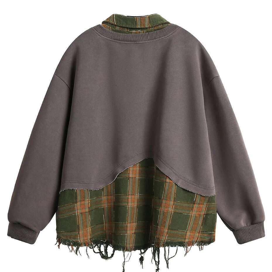 Plaid Splicing Sweatshirt Men Oversized Haruku Hip Hop Streetwear Pullover Fake Two Piece Loose Y2k Hoodie Male Designer