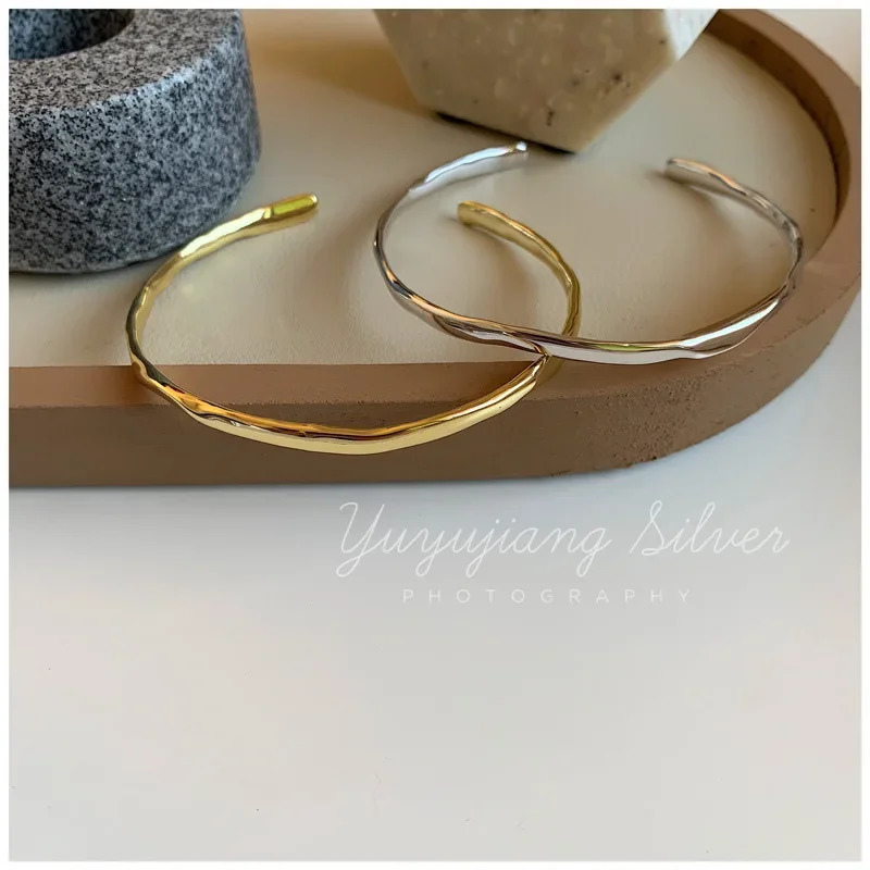 14K Gold Plated Stamp Bangle for Women Stylish Irregular Concave Convex Texture Bracelet Adjustable Open ner Jewelry Gifts 250512