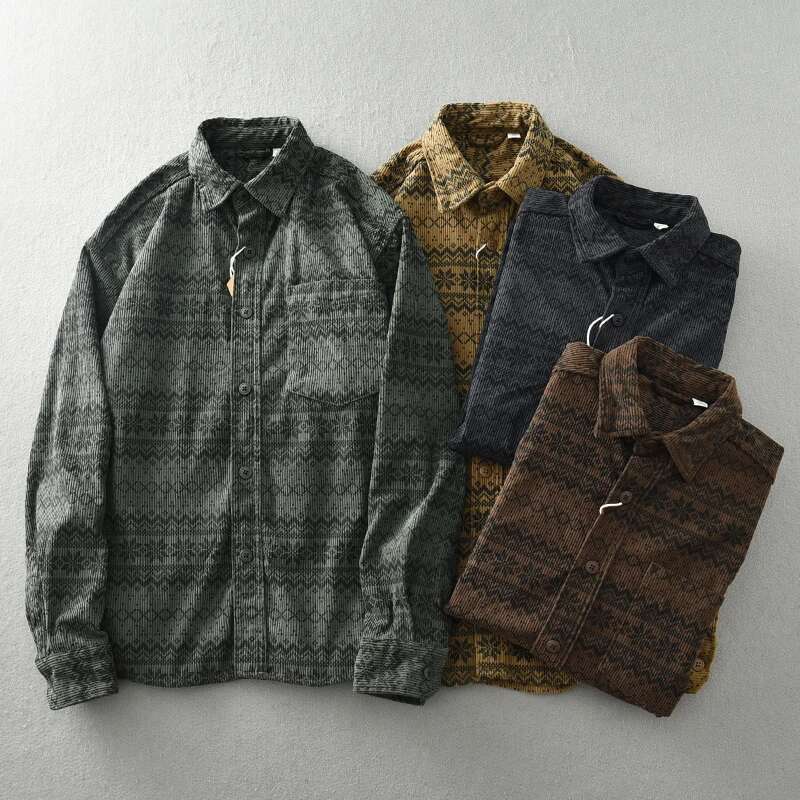 Vintage Corduroy Shirt For Men Japanese Ethnic Embroidered Baggy Lapel Long Sleeve Top Coat Fashion Autumn