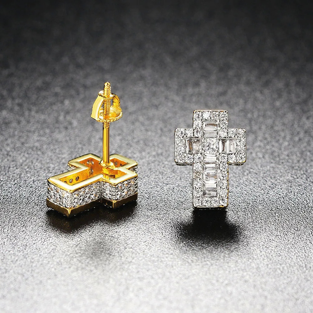 Punk Cross Earrings for Men Iced Out Zirconia Hiphop Stud Earring Gold Color Womens Accessories Fashion Jewellery OHE129 250512