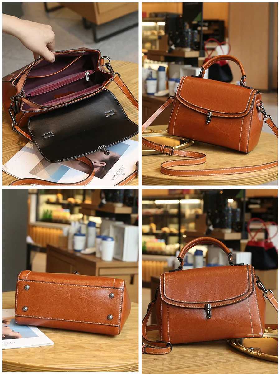 Leather womens bag shoulder bag 2025 new retro fashion handbag womens premium texture oil wax cowhide messenger bagW250512